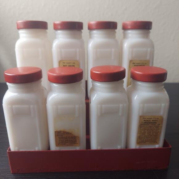 VTG Set Of 8 Original Griffiths Spice Jars ~ Milk Glass With Red Metal Rack - Picture 8 of 16